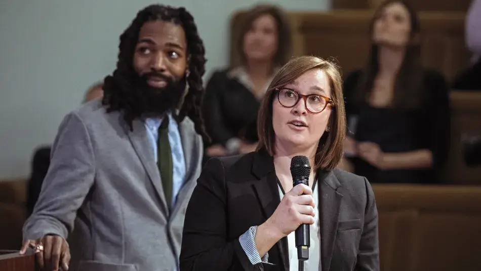 Martha Stewart Photography Bradley Christian-Sallis (left) and Amanda Barker (right) discuss the work of their organization, Civic Nebraska, to increase civic participation and community engagement.